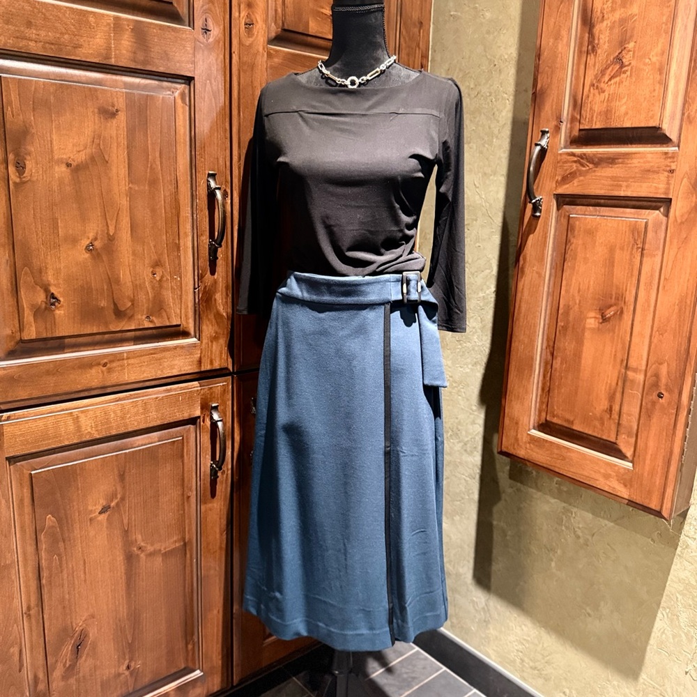 Elegant Slate Blue Women's Wrap Skirt with Imitation Leather Trim.
